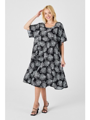 Bacc Siyah Geniş Yaka Desenli Midi Boy Elbise BCVL-254009