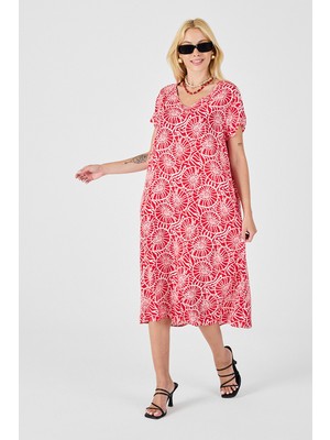 Bacc Kırmızı Derin V Yaka Kısa Kollu Çizgi Desenli Midi Boy Elbise BCVL-254004