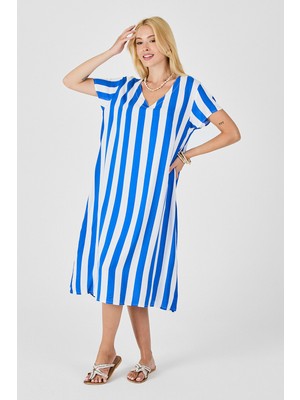 Bacc Mavi V Yaka Kısa Kollu Rahat Kesim Elbise BCVL-254003