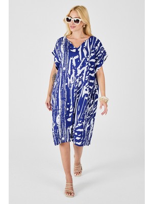 Bacc Saks Desenli V Yaka Yarasa Kol Oversize Midi Elbise BCVL-254019