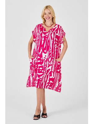 Bacc Fuşya Desenli V Yaka Yarasa Kol Oversize Midi Elbise BCVL-254019