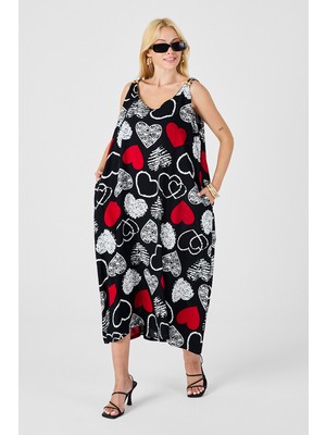 Bacc Kırmızı-Siyah Askılı Boncuk Detaylı Çift Cepli Desenli Salaş Elbise BCVL-254027