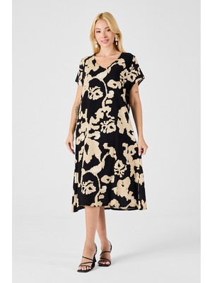 Bacc Ekru-Siyah Derin V Yaka Yırtmaçlı Desenli Midi Boy Elbise BCVL-254012