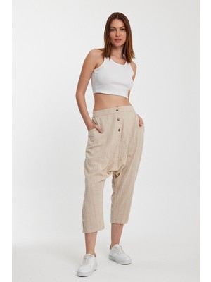 Bacc Maxi Boy Bej Çift Cepli Düğme Detaylı Düşük Ağ Şalvar Pantolon BCVL-245326