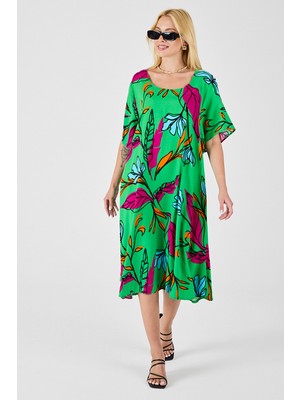 Bacc Yeşil Yaprak Desenli U Yaka Kısa Kollu Midi Boy Elbise BCVL-254011
