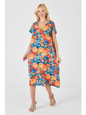 Bacc Mix V Yaka Kısa Kollu Midi Boy Desenli Elbise BCVL-254006