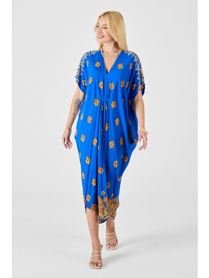 Bacc Saks Desenli V Yaka Salaş Kesim Kaftan Elbise BCVL-254024