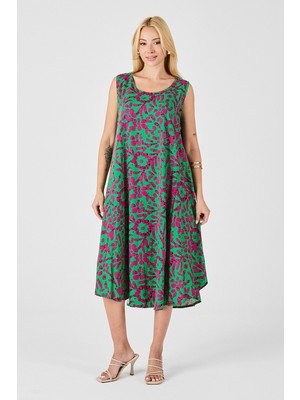 Bacc Yeşil-Fuşya U Yaka Kolsuz Eteği Asimetrik Kesim Desenli Midi Boy Elbise BCVL-254016