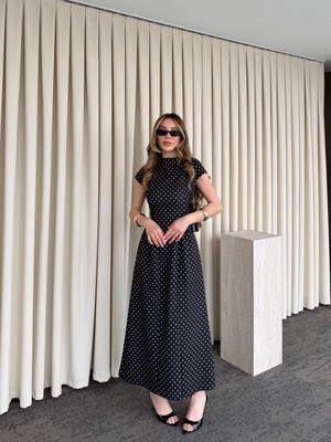 Laluvia Siyah Puantiyeli Uzun Elbise - 5092