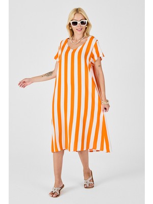 Bacc Turuncu V Yaka Kısa Kollu Rahat Kesim Elbise BCVL-254003