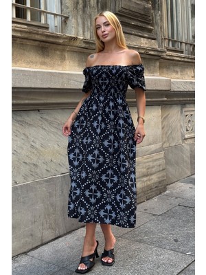 Bacc Siyah Kare Yaka Beli Çiçek Desenli Dokuma Yazlık Elbise BCVL-25V095-1