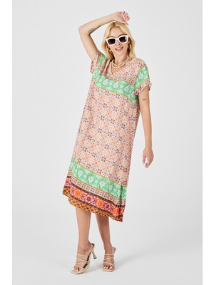 Bacc Turuncu-Yeşil Desenli V Yaka Midi Boy Elbise BCVL-254007