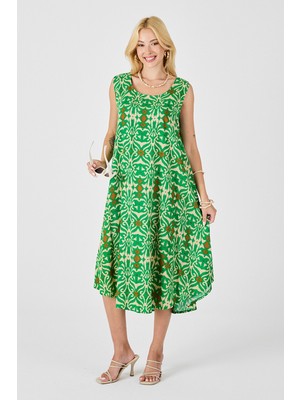 Bacc Yeşil Asimetrik Kesim U Yaka Desenli Elbise BCVL-254018