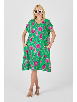 Bacc Yeşil Deniz Kabuğu Desenli V Yaka Oversize Elbise BCVL-254022