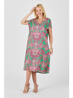 Bacc Pembe Desenli V Yaka Kısa Kollu Midi Boy Elbise BCVL-254015