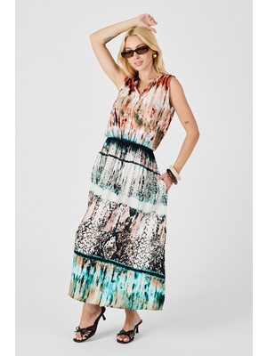 Bacc Turuncu-Ekru Çentik Yaka Düğmeli Desenli Kolsuz Midi Elbise BCVL-254025