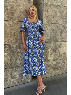 Bacc Mavi Kare Yaka Beli Gipeli Çiçek Desenli Dokuma Yazlık Elbise BCVL-25V095