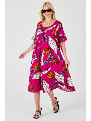 Bacc Fuşya Yaprak Desenli U Yaka Kısa Kollu Midi Boy Elbise BCVL-254011