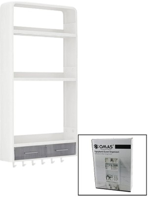Selfbuysell Beyaz Yapışkanlı Duvar Organizeri Plastik 3 RAF=14CM-19CM-30CM - 2 ÇEKMECE=40CM - 6 Askı 19 Parça (5324)