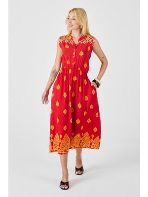 Bacc Kırmızı Çentik Yaka Düğmeli Desenli Kolsuz Midi Elbise BCVL-254025