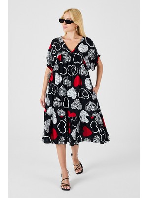 Bacc Kırmızı-Siyah V Yaka Oversize Kesim Desenli Çift Cepli Volanlı Elbise BCVL-254028