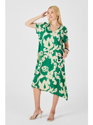 Bacc Yeşil Derin V Yaka Yırtmaçlı Desenli Midi Boy Elbise BCVL-254012