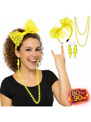 Store Mania Ieg™ 80’ler 90’lar Neon Sarı Parti Seti – Kolye Küpe Taç