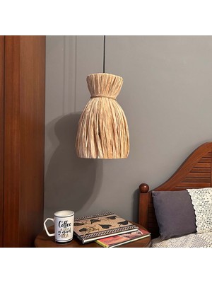 Noldecoration Boğumlu Natürel Rafya Hasır Alt Çap 24CM Yükseklik 4 cm Elişi Kum Saati Görünümlü Yatak Başı Tekli Sarkıt Avize
