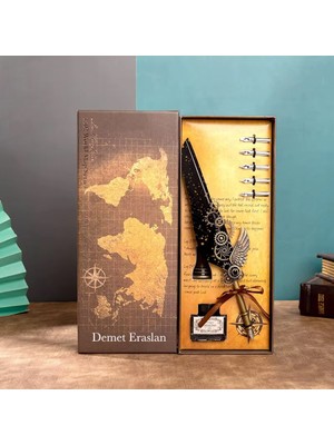 Keyfim Shop Kişiye Özel Lüks Tüylü Divit Kalem Seti – Mürekkep Şişeli, Kutulu Vintage Yazı Seti, Dekoratif Hediye Kalem