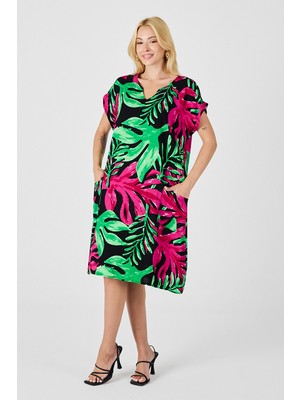 Bacc Yeşil-Fuşya Tropik Desenli V Yaka Rahat Kesim Elbise BCVL-254020