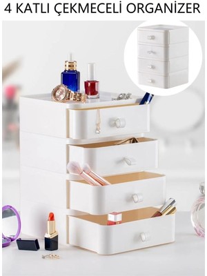 Leylart 4 Katlı Çekmeceli Takı Kutusu Makyaj ve Kozmetik Düzenleyici Çekmece Ofis Masa Düzenleyici