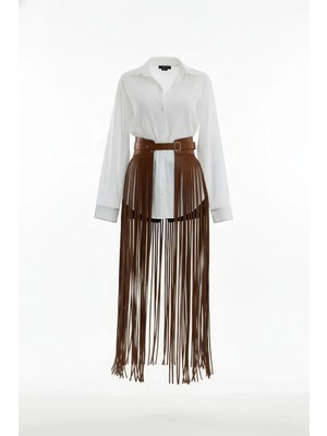 Giyim Taba Etek Uzun Püsküllü Suni Deri Etek - BRF1003 Beruflic