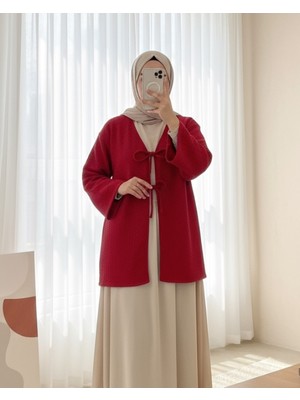 Modamorfo Önü Çift Bağcıklı Petek Desen Kimono -Kırmızı