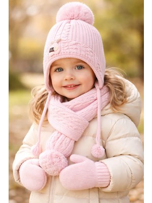 Almira Anne Bebek Kız Bebek Yünlü Atkı Bere Eldiven Seti Pembe Renk
