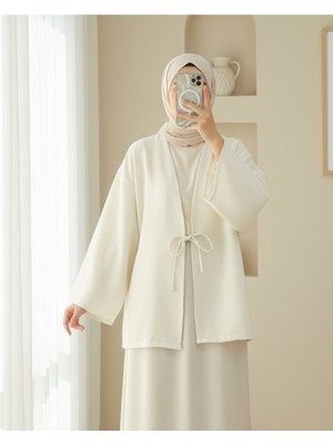 Modamorfo Önü Bağcıklı Keten Kimono  -Ekru