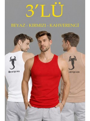 Marsilyan Erkek Spor Fitilli Atlet 3'lü Set Beyaz, Kırmızı ve Kahverengi Slim Fit Kaşkorse Arka Baskılı Spor Atlet