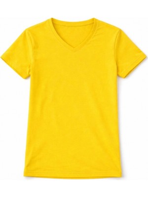 Marsilyan Genç Kız Çocuk V Yaka Tişört Yazlık Model Günlük Basic Body - Sarı
