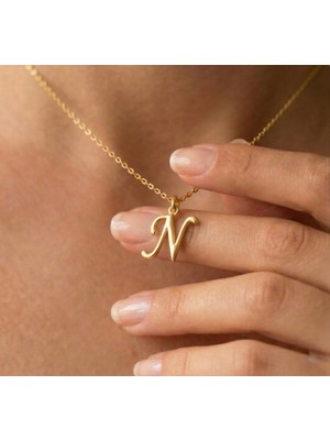 Ashak Accessories Kadın 925 Ayar Gümüş Zincirli N Harfi Classic Baş Harfli Harf Alfabe Isim Kolye
