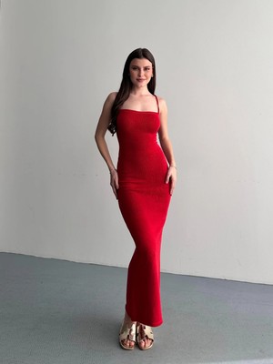 Denivy Sırtı Çapraz Askılı Bağcıklı Askılı Triko Elbise