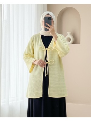 Modamorfo Önü Çift Bağcıklı Petek Desen Kimono -Açık Sarı