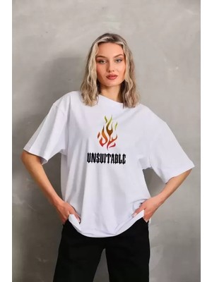 Giyim Center Kadın Baskılı T-Shirt Kısa Kol Bisiklet Yaka Oversize Rahat Kalıp Günlük Tişört   - Beyaz