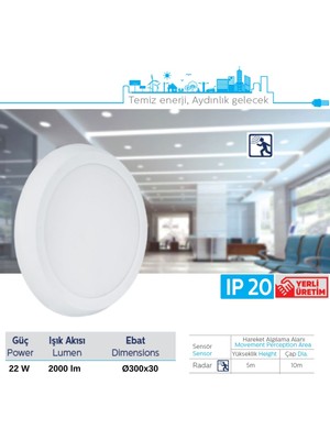 Teletek 22W Radar Sensörlü LED Glob Tavan Armatürü Beyaz 6500K