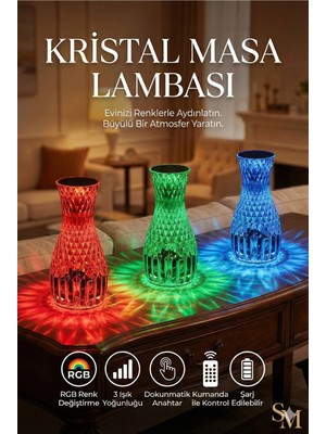 Epilons Mey Ithalat® Kristal Masa Ası Rgb Renk Değiştiren Gece Ası 16 Renk ve 4 Mod Dokunmatik Kontrol