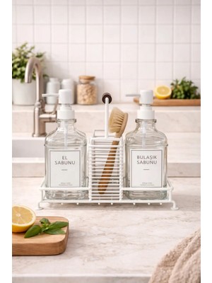 Makri Home Premium Stantlı Cam Sıvı Sabunluk & Deterjanlık Seti – Ikili (Süngerlik Bölmeli)