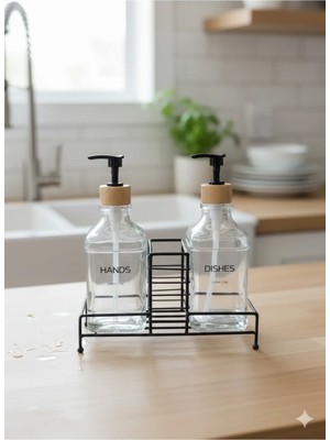 Makri Home Stantlı Bambu Kapaklı Ikili Cam Sıvı Sabunluk & Deterjanlık Seti – 2×500 Ml, 22,5 × 8,5 × 24 cm