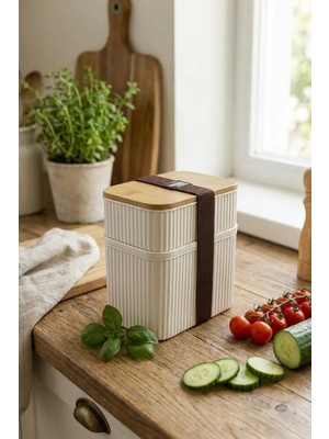 Makri Home 2 Parça Bambu Kapaklı Saklama Kabı Seti - 1l + 0,5l | Üst Üste Koyulabilir