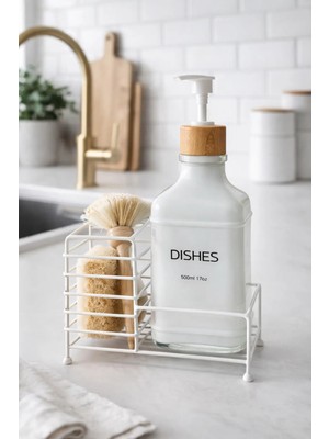 Makri Home Metal Stantlı Bambu Kapaklı Cam Sıvı Sabunluk/deterjanlık, 500 Ml, 15 × 8,5 × 23 cm