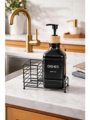 Makri Home Metal Stantlı Bambu Kapaklı Cam Sıvı Sabunluk 500 ml Siyah Renkli Modern Tasarım