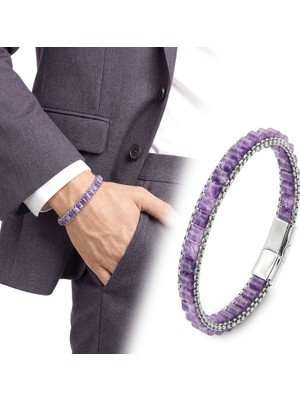 Fm 💎 Premium Ametist Doğal Taşlı Hasır Örgü Zincirli Erkek Çelik Bileklik 31832B28D16 - 21 cm