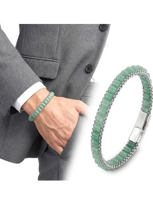 Fm 💎 Premium Yeşil Aventurin Doğal Taşlı Hasır Örgü Zincirli Erkek Çelik Bileklik 31832B28D14 - 20 cm